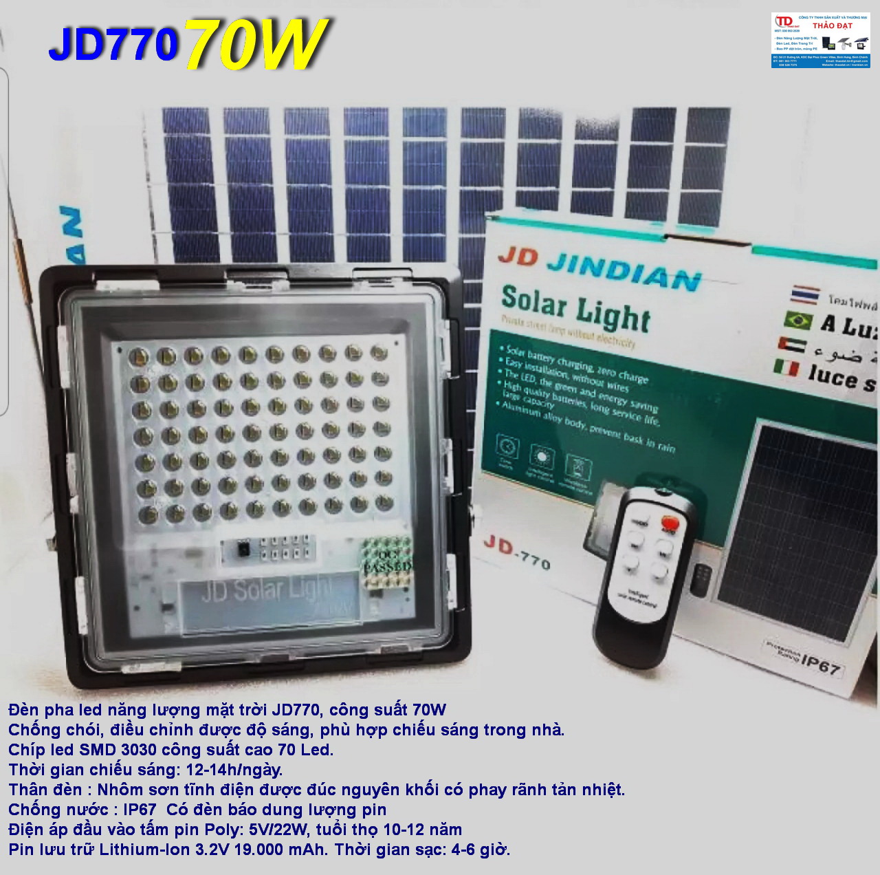 ĐÈN NĂNG LƯỢNG MẶT TRỜI CHÍNH HÃNG JINDIAN JD-770 (70W) - BAO PHÍ SHIP