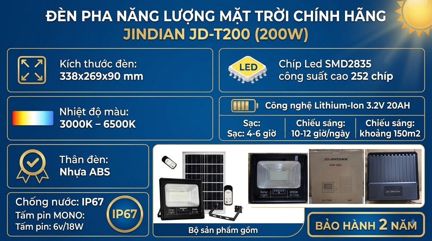 ĐÈN NĂNG LƯỢNG MẶT TRỜI CHÍNH HÃNG JINDIAN JD-T200 (200W)