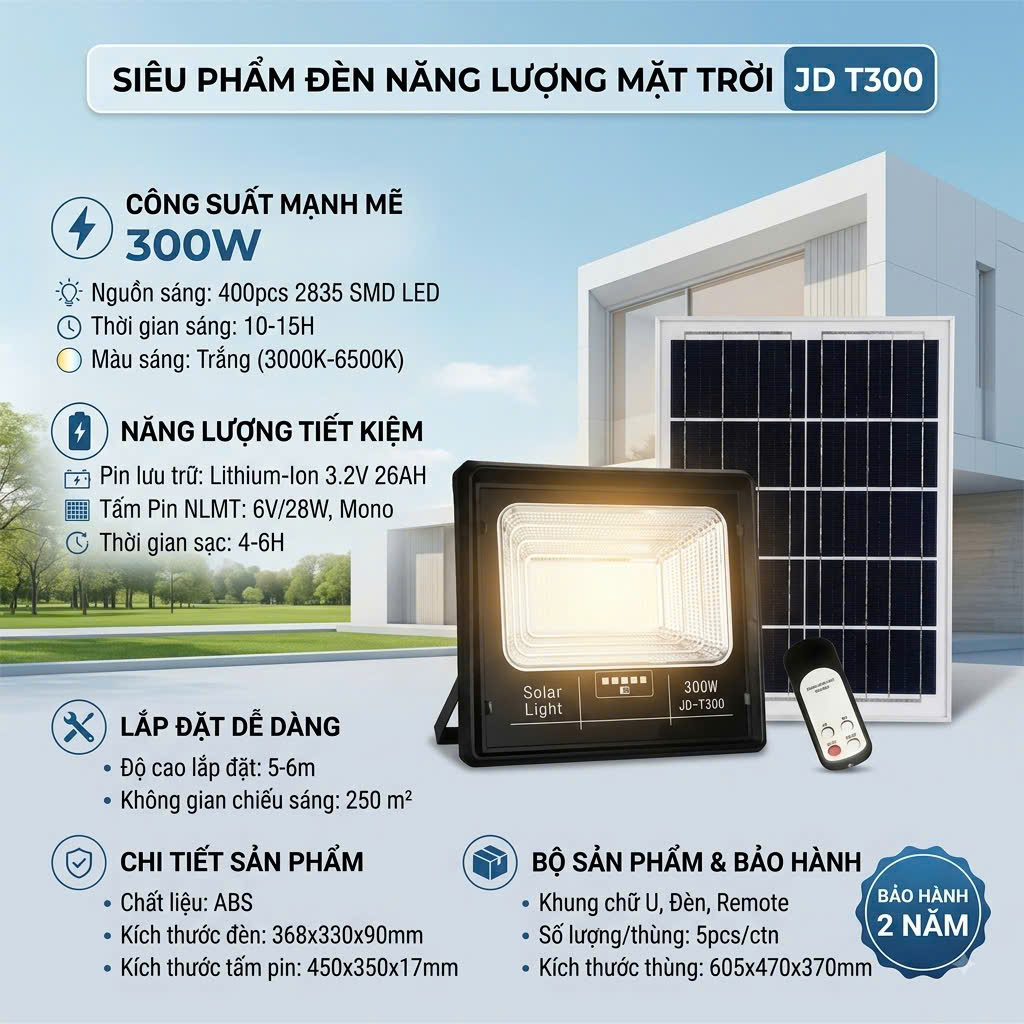 ĐÈN NĂNG LƯỢNG MẶT TRỜI CHÍNH HÃNG JINDIAN JD-T300 (300W) 