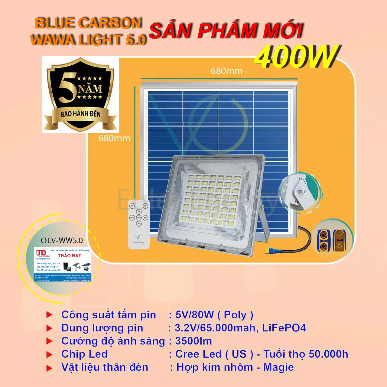 ĐÈN NĂNG LƯỢNG MẶT TRỜI WAWA LIGHT 5.0 – CÔNG SUẤT 400W – BẢO HÀNH 05 NĂM