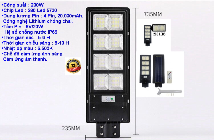 ĐÈN NĂNG LƯỢNG MẶT TRỜI LIỀN THỂ (200W) - TẶNG BỘ PAT SẮT CHO ĐÈN