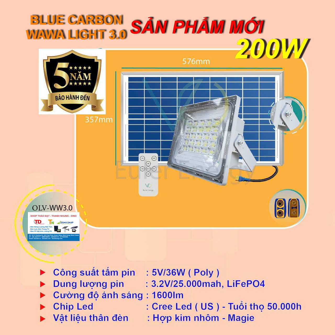 ĐÈN NĂNG LƯỢNG MẶT TRỜI WAWA LIGHT 3.0 – CÔNG SUẤT 200W – BẢO HÀNH 05 NĂM