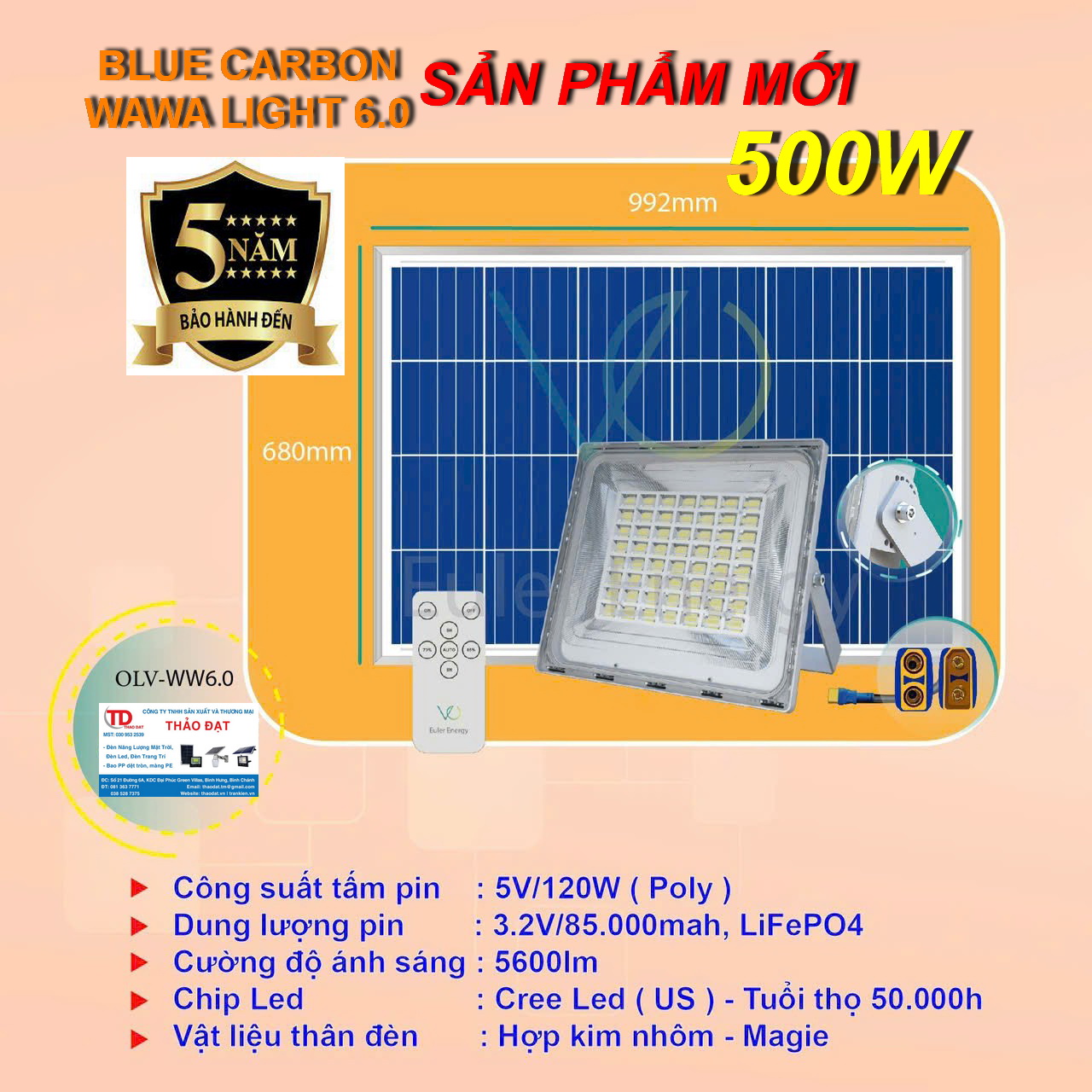 ĐÈN NĂNG LƯỢNG MẶT TRỜI WAWA LIGHT 6.0 – CÔNG SUẤT 500W – THẢO ĐẠT
