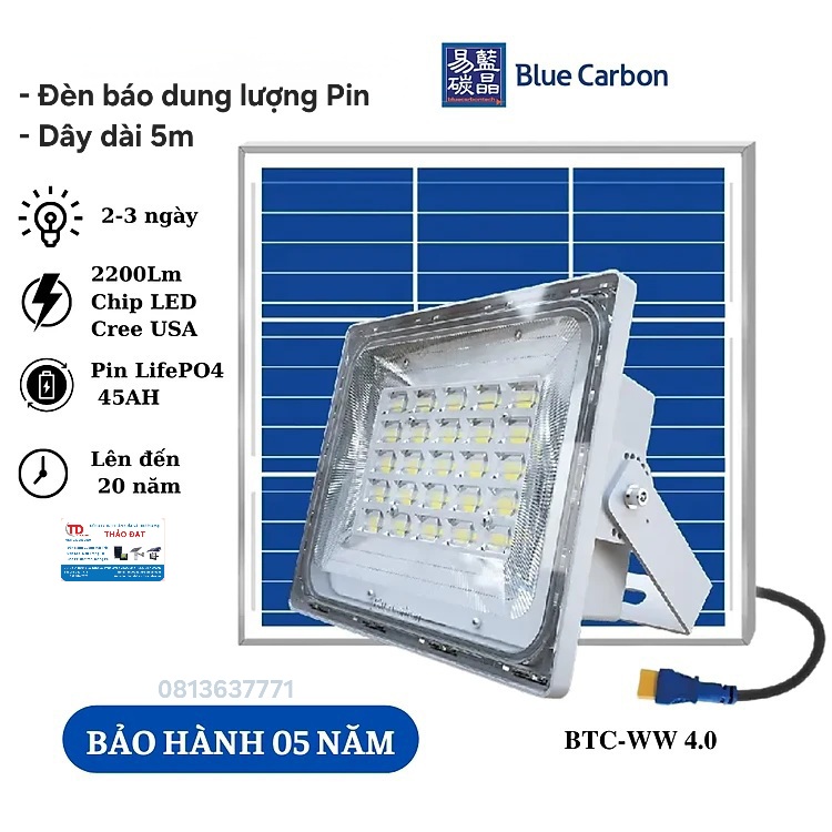 ĐÈN PHA NĂNG LƯỢNG MẶT TRỜI BLUE CARBON BTC WW4.0 - BẢO HÀNH 5 NĂM - CÓ ĐÈN BÁO PIN - DAY DÀI 5M  BA